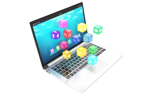 Cloud computing concept: white laptop with  of color application icons isolated Stock Illustration