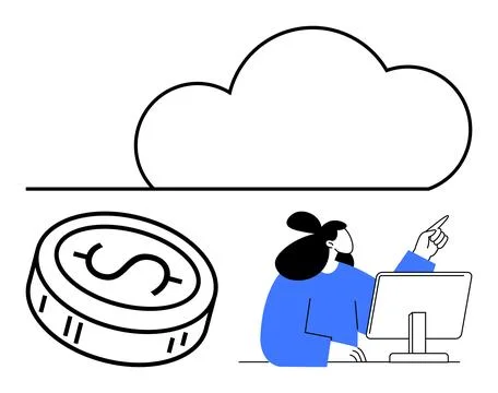 Cloud Computing Concept with Woman at Desk and Coin Showing Dollar Sign Illustrazione stock