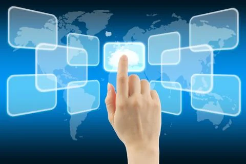 Cloud computing concept with woman hand Stock Photos