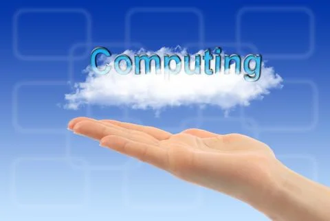 Cloud computing concept with woman hand Stock Photos
