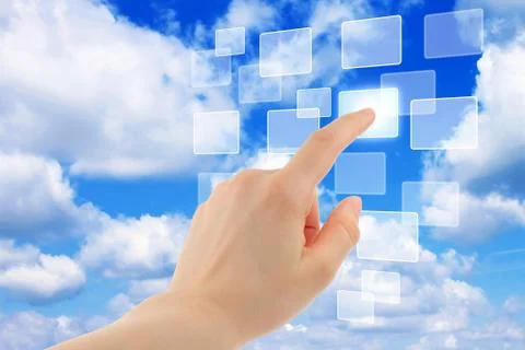 Cloud computing concept with woman hand Stock Photos