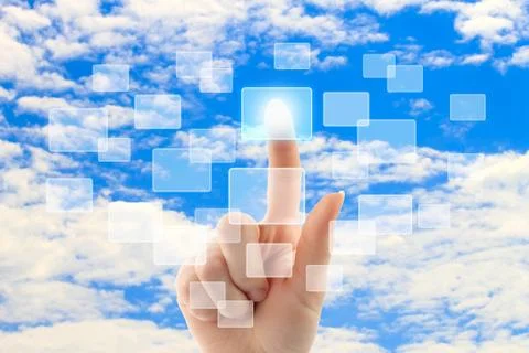 Cloud computing concept with woman hand Stock Photos