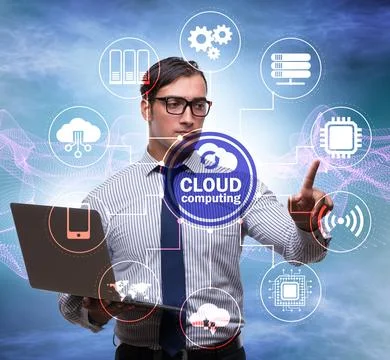Cloud computing concept with woman pressing buttons Illustrazione stock