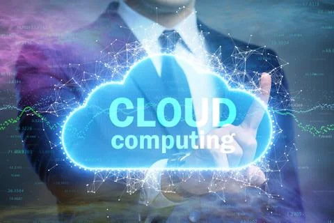 Cloud computing concept with woman pressing buttons 스톡 사진
