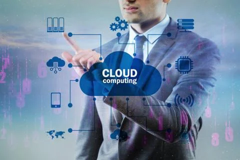 Cloud computing concept with woman pressing buttons Foto stock