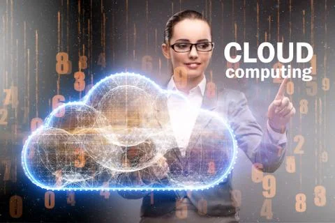 Cloud computing concept with woman pressing buttons Stock Photos