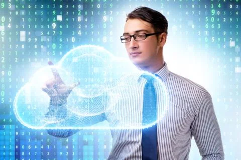 Cloud computing concept with woman pressing buttons 스톡 사진