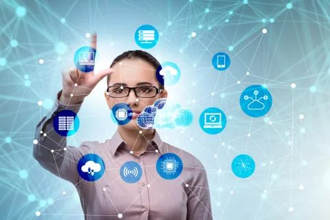 Cloud computing concept with woman pressing buttons 스톡 사진
