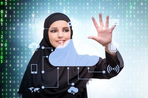 Cloud computing concept with woman pressing buttons 스톡 사진