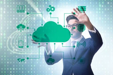 Cloud computing concept with woman pressing buttons 스톡 사진