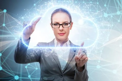 Cloud computing concept with woman pressing buttons 库存照片