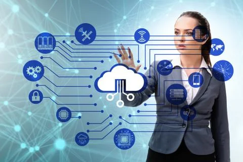 Cloud computing concept with woman pressing buttons 스톡 사진