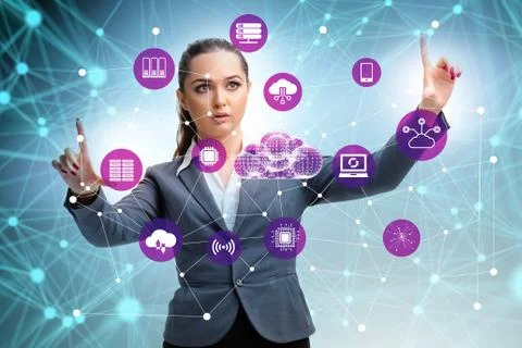 Cloud computing concept with woman pressing buttons 스톡 사진