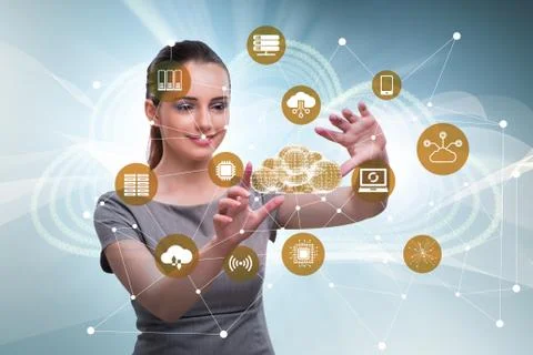Cloud computing concept with woman pressing buttons Stock Photos