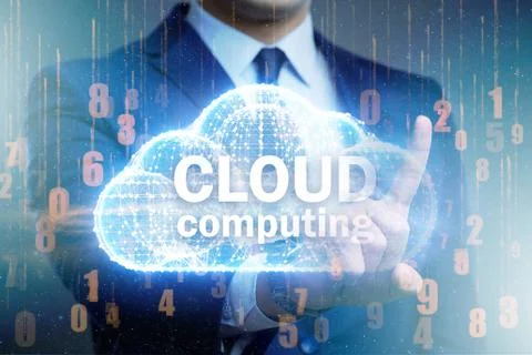 Cloud computing concept with woman pressing buttons 스톡 사진