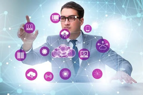 Cloud computing concept with woman pressing buttons Foto stock