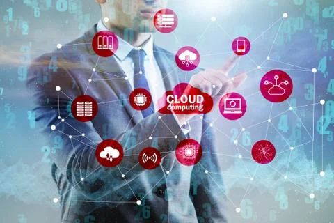Cloud computing concept with woman pressing buttons 스톡 사진