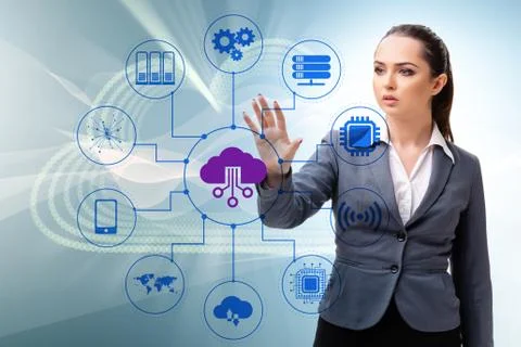 Cloud computing concept with woman pressing buttons 스톡 사진