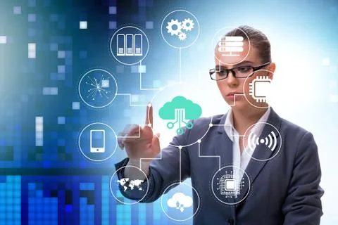 Cloud computing concept with woman pressing buttons Foto stock