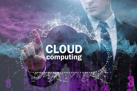 Cloud computing concept with woman pressing buttons Stockfoto's