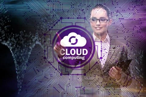Cloud computing concept with woman pressing buttons 写真素材