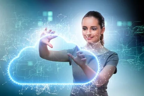 Cloud computing concept with woman pressing buttons Stock Photos