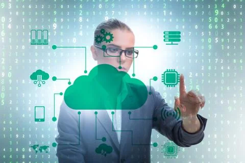 Cloud computing concept with woman pressing buttons Stockfoto's