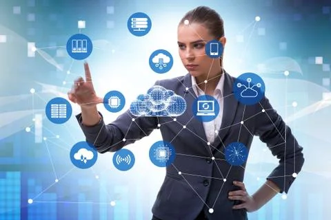 Cloud computing concept with woman pressing buttons 스톡 사진