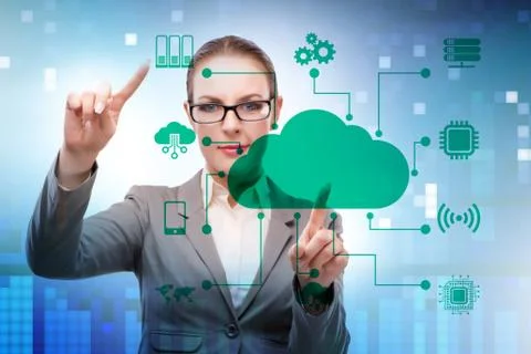 Cloud computing concept with woman pressing buttons Stock Photos