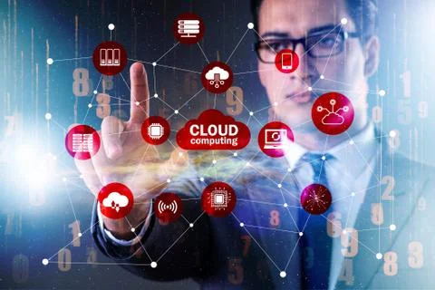 Cloud computing concept with woman pressing buttons Foto stock