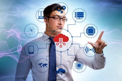 Cloud computing concept with woman pressing buttons 스톡 사진