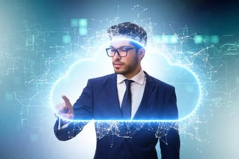 Cloud computing concept with woman pressing buttons Foto stock