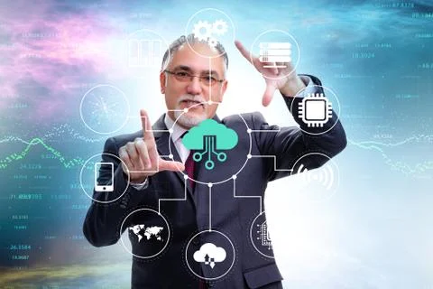 Cloud computing concept with woman pressing buttons 스톡 사진