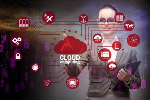 Cloud computing concept with woman pressing buttons 스톡 사진