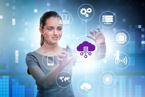 Cloud computing concept with woman pressing buttons 스톡 사진