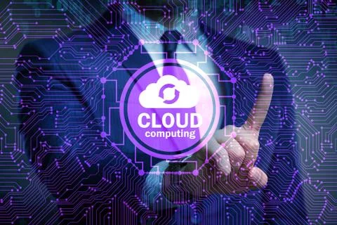 Cloud computing concept with woman pressing buttons 写真素材