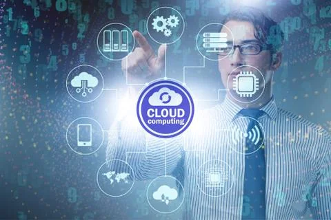 Cloud computing concept with woman pressing buttons 写真素材