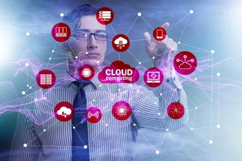 Cloud computing concept with woman pressing buttons Foto stock