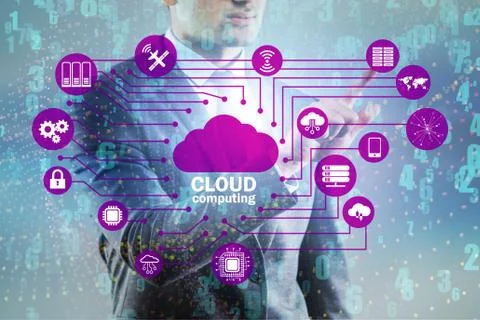 Cloud computing concept with woman pressing buttons 스톡 사진