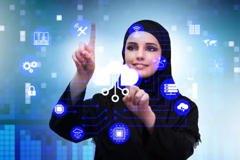 Cloud computing concept with woman pressing buttons Foto stock