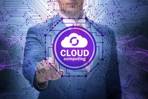 Cloud computing concept with woman pressing buttons 写真素材