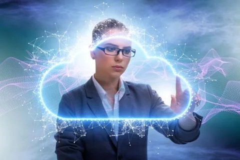Cloud computing concept with woman pressing buttons Foto stock