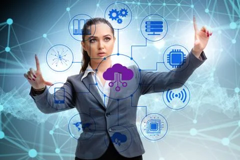 Cloud computing concept with woman pressing buttons Stock Photos