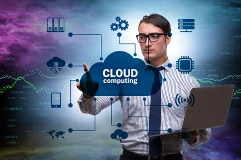 Cloud computing concept with woman pressing buttons Foto stock