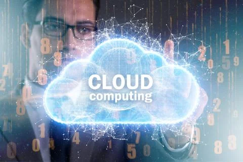 Cloud computing concept with woman pressing buttons 写真素材