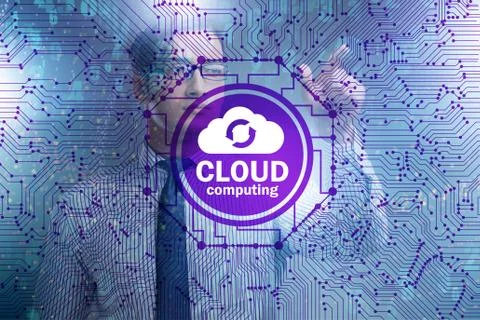 Cloud computing concept with woman pressing buttons 스톡 사진