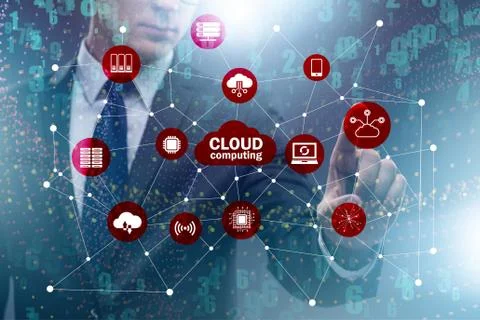 Cloud computing concept with woman pressing buttons 스톡 사진