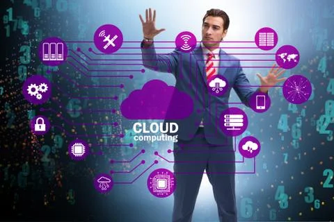 Cloud computing concept with woman pressing buttons Foto stock