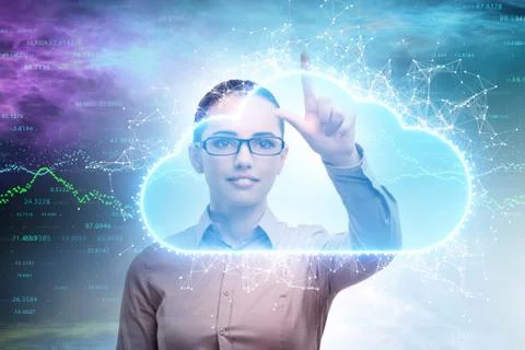 Cloud computing concept with woman pressing buttons Foto stock