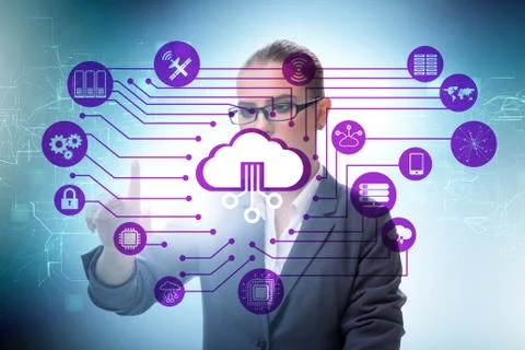 Cloud computing concept with woman pressing buttons Stock Photos